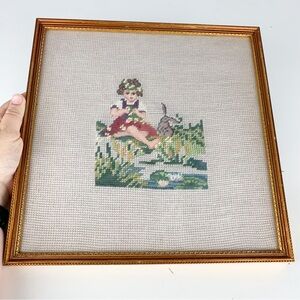 Vintage Needlepoint Young Girl Field Flowers Rabbit Handmade Framed Gallery Wall
